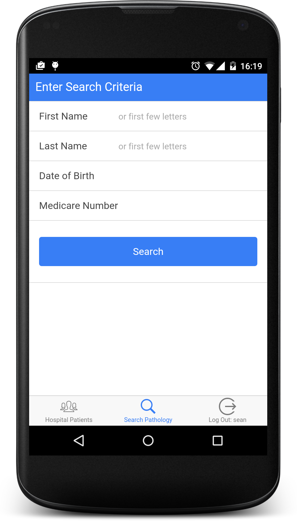 Hospital Link: SWHP: Enter search criteria screenshot (Android)